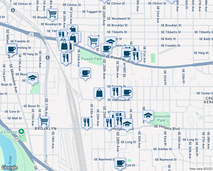 map of restaurants, bars, coffee shops, grocery stores, and more near 3841 Southeast 26th Avenue in Portland