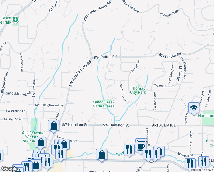 map of restaurants, bars, coffee shops, grocery stores, and more near 5841 Southwest Thomas Court in Portland