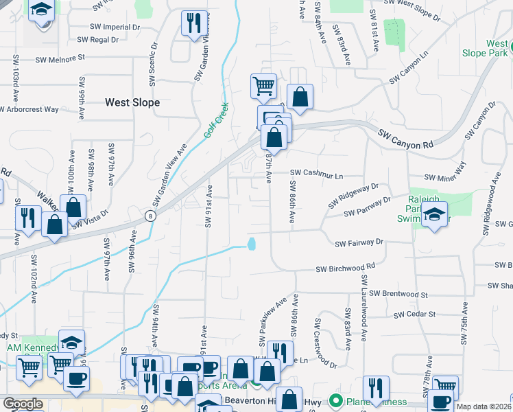 map of restaurants, bars, coffee shops, grocery stores, and more near 3471 Southwest 87th Avenue in Portland