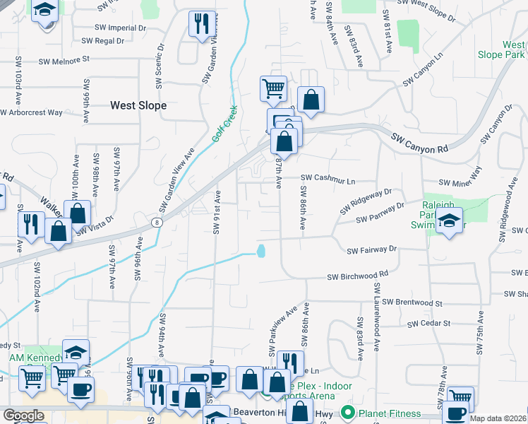 map of restaurants, bars, coffee shops, grocery stores, and more near 3471 Southwest 87th Avenue in Portland