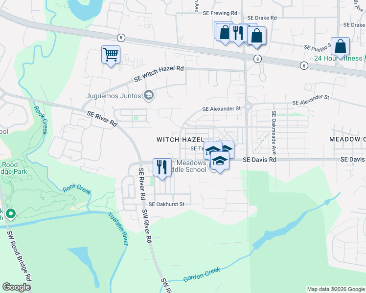 map of restaurants, bars, coffee shops, grocery stores, and more near 3454 Southeast Pinewood Avenue in Hillsboro