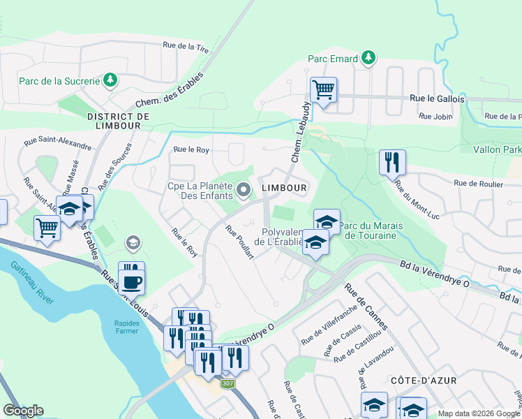 map of restaurants, bars, coffee shops, grocery stores, and more near 525 Rue de Cannes in Gatineau