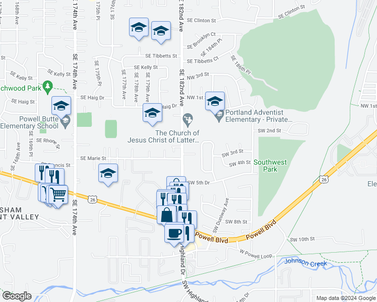map of restaurants, bars, coffee shops, grocery stores, and more near 4253 Southwest 3rd Street in Gresham