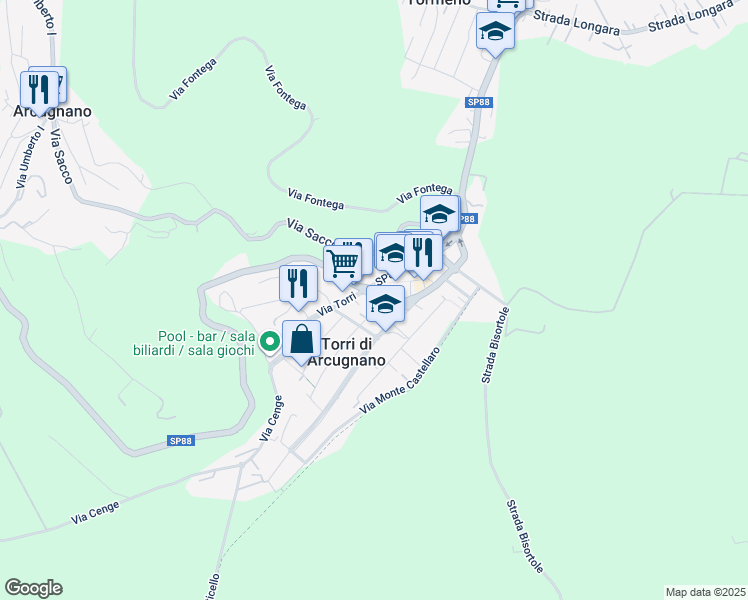 map of restaurants, bars, coffee shops, grocery stores, and more near 22 Via Monte Lungo in Torri di Arcugnano