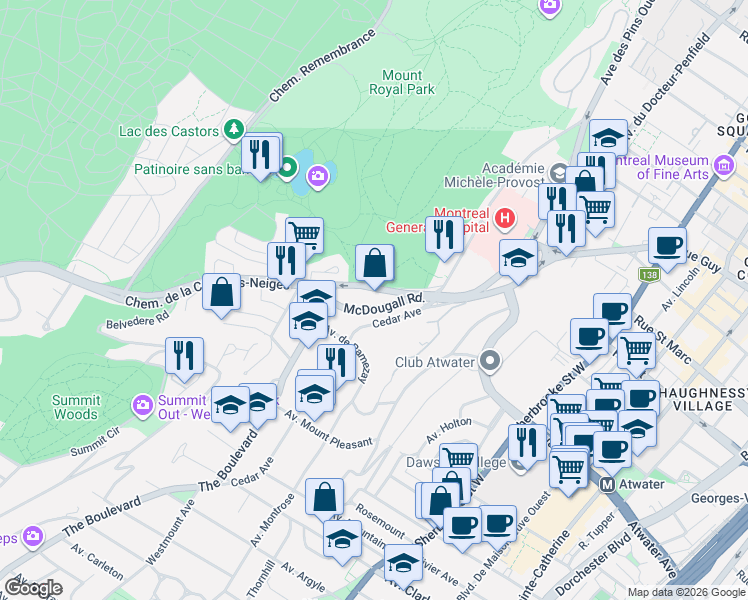 map of restaurants, bars, coffee shops, grocery stores, and more near 3940 Chemin de la Côte-des-Neiges in Montreal