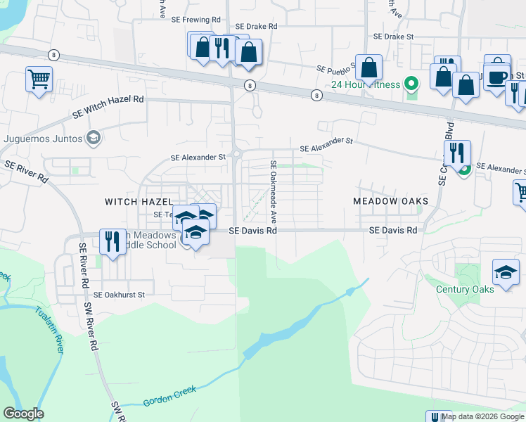 map of restaurants, bars, coffee shops, grocery stores, and more near 5131 Southeast Thornapple Street in Hillsboro