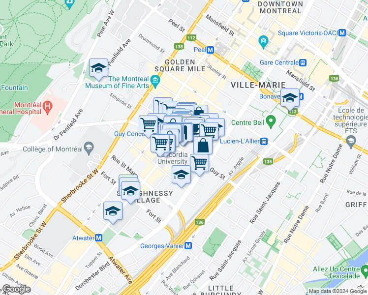 map of restaurants, bars, coffee shops, grocery stores, and more near 1241 Rue Guy in Montréal