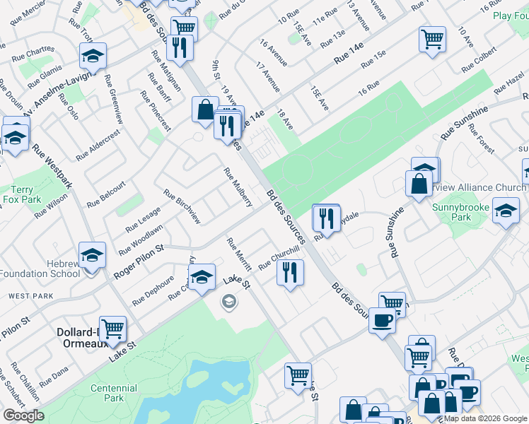 map of restaurants, bars, coffee shops, grocery stores, and more near 16 Roger Pilon Street in Dollard-Des Ormeaux
