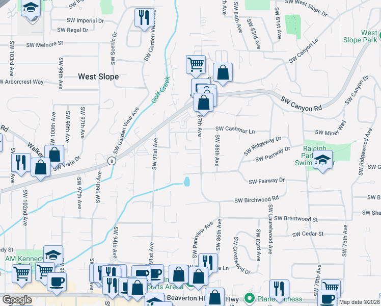 map of restaurants, bars, coffee shops, grocery stores, and more near 3471 Southwest 87th Avenue in Portland
