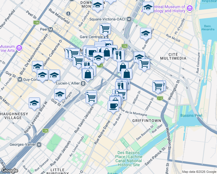 map of restaurants, bars, coffee shops, grocery stores, and more near 1200 Rue Saint-Jacques in Montréal