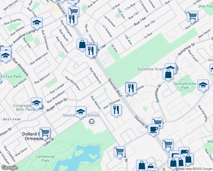 map of restaurants, bars, coffee shops, grocery stores, and more near 16 Rue Roger-Pilon in Dollard-des-Ormeaux