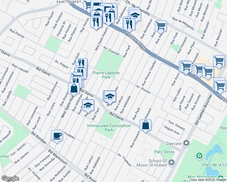 map of restaurants, bars, coffee shops, grocery stores, and more near 3422 Rue Rocheleau in Longueuil