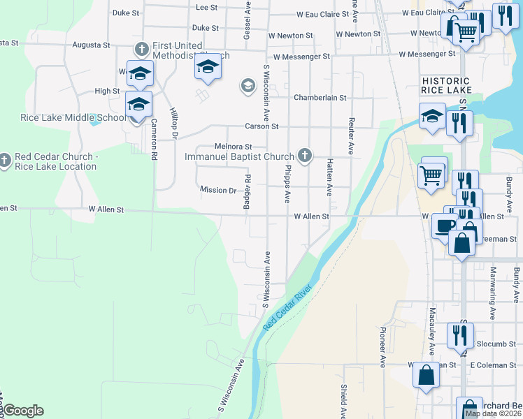 map of restaurants, bars, coffee shops, grocery stores, and more near 432 South Wisconsin Avenue in Rice Lake
