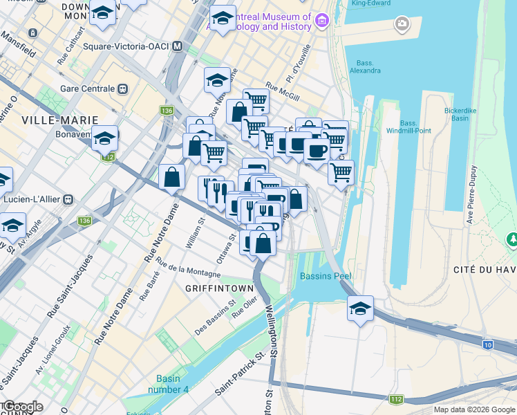 map of restaurants, bars, coffee shops, grocery stores, and more near 198 Rue Ann in Montréal