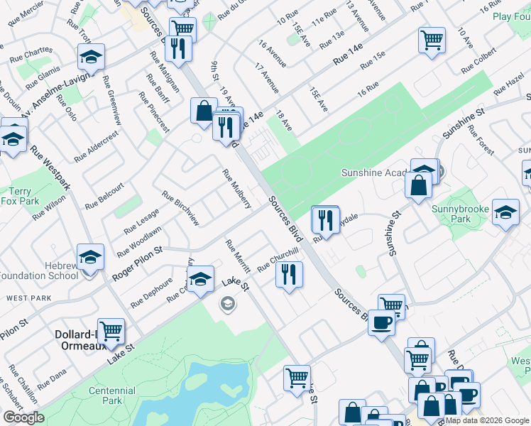 map of restaurants, bars, coffee shops, grocery stores, and more near 16 Rue Roger-Pilon in Dollard-des-Ormeaux