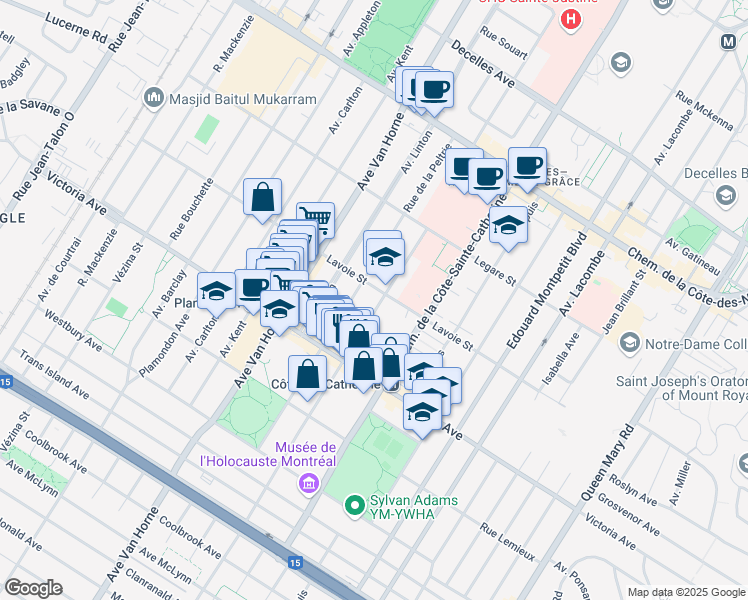 map of restaurants, bars, coffee shops, grocery stores, and more near 4615 Avenue Bourret in Montréal