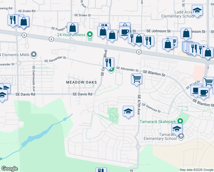 map of restaurants, bars, coffee shops, grocery stores, and more near 6347 Southeast Imagine Way in Hillsboro