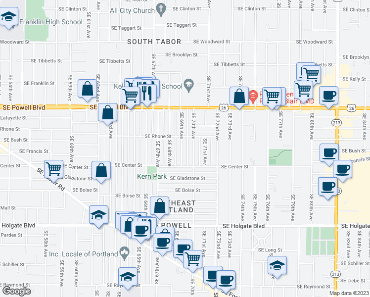 map of restaurants, bars, coffee shops, grocery stores, and more near 3804 Southeast 69th Avenue in Portland