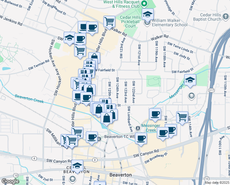 map of restaurants, bars, coffee shops, grocery stores, and more near 3445 Southwest 124th Avenue in Beaverton