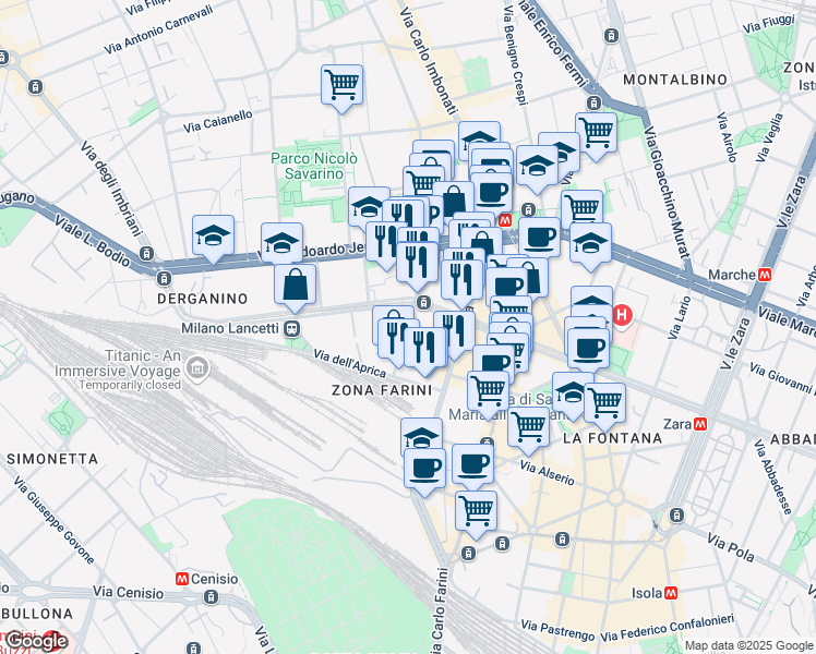map of restaurants, bars, coffee shops, grocery stores, and more near 12 Via Bernina in Milano