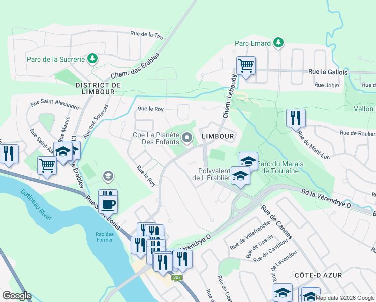 map of restaurants, bars, coffee shops, grocery stores, and more near Chemin Lebaudy in Gatineau