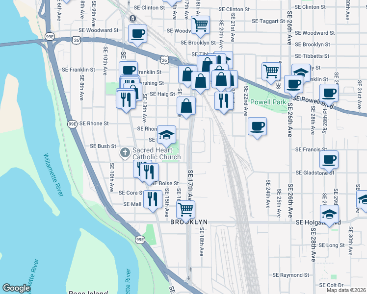 map of restaurants, bars, coffee shops, grocery stores, and more near 3822 Southeast 16th Avenue in Portland