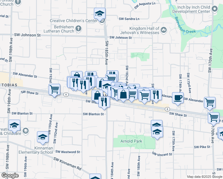 map of restaurants, bars, coffee shops, grocery stores, and more near 3460 Southwest 185th Avenue in Aloha