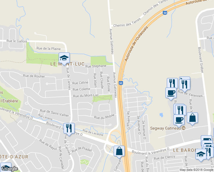 map of restaurants, bars, coffee shops, grocery stores, and more near 7A Rue Émile in Gatineau