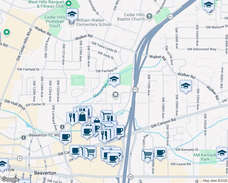 map of restaurants, bars, coffee shops, grocery stores, and more near 11375 Southwest Center Street in Beaverton