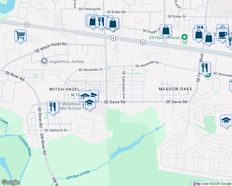 map of restaurants, bars, coffee shops, grocery stores, and more near 3445 Southeast Everwood Lane in Hillsboro