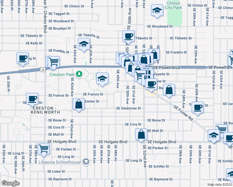 map of restaurants, bars, coffee shops, grocery stores, and more near 4808 Southeast Bush Street in Portland