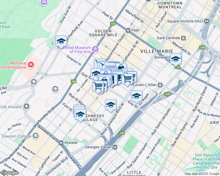 map of restaurants, bars, coffee shops, grocery stores, and more near in Montreal
