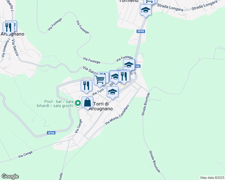 map of restaurants, bars, coffee shops, grocery stores, and more near 22 Via Monte Lungo in Torri di Arcugnano