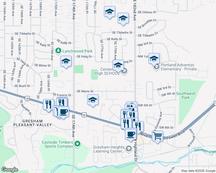 map of restaurants, bars, coffee shops, grocery stores, and more near 17815 Southeast Marie Street in Portland