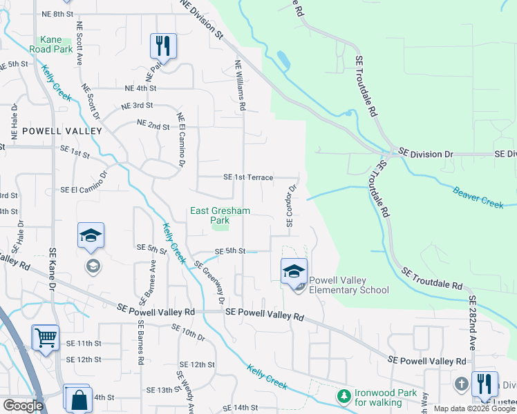 map of restaurants, bars, coffee shops, grocery stores, and more near 195 Southeast Acacia Drive in Gresham