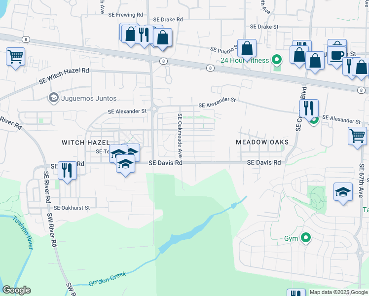 map of restaurants, bars, coffee shops, grocery stores, and more near 5219 Southeast Thornapple Street in Hillsboro