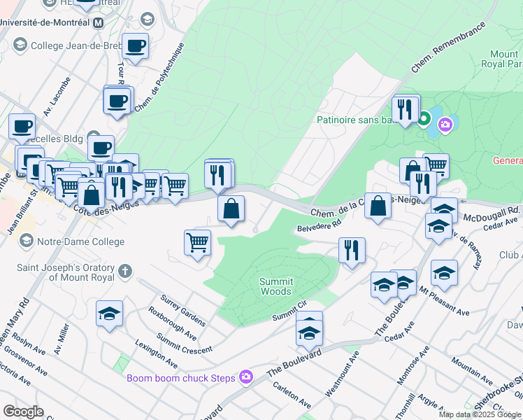 map of restaurants, bars, coffee shops, grocery stores, and more near 3221 Forest Hill Avenue in Montreal