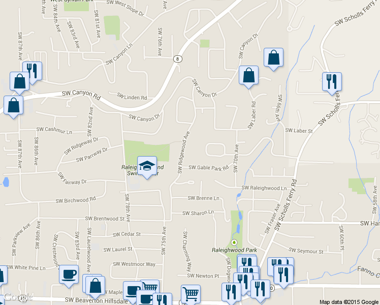 map of restaurants, bars, coffee shops, grocery stores, and more near 3440 Southwest Ridgewood Avenue in Portland