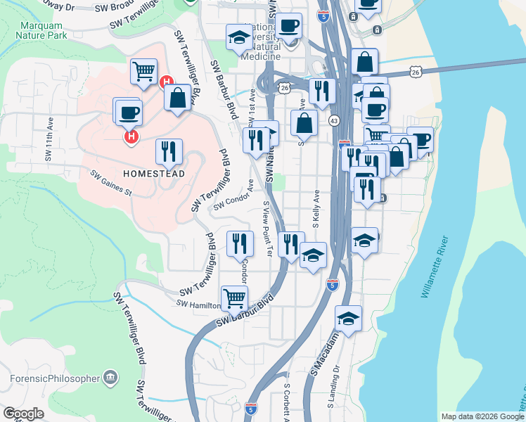 map of restaurants, bars, coffee shops, grocery stores, and more near 2504 Southwest View Point Terrace in Portland