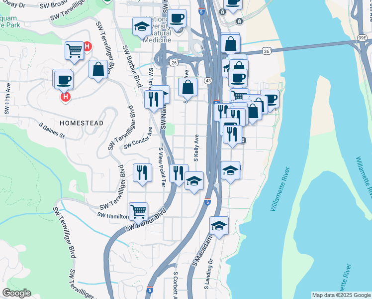 map of restaurants, bars, coffee shops, grocery stores, and more near 210 South Abernethy Street in Portland