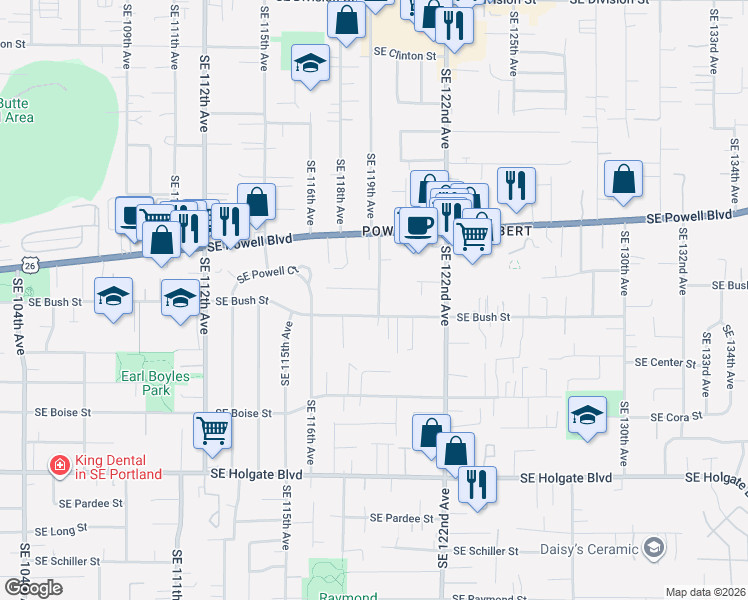 map of restaurants, bars, coffee shops, grocery stores, and more near 3727 Southeast 119th Avenue in Portland