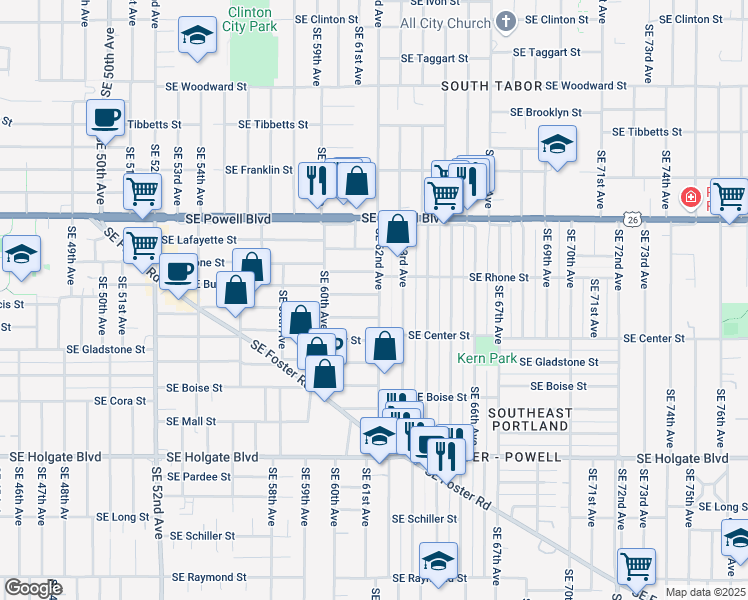 map of restaurants, bars, coffee shops, grocery stores, and more near 3803 Southeast 62nd Avenue in Portland