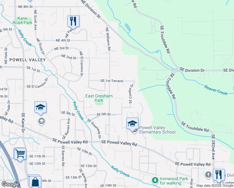 map of restaurants, bars, coffee shops, grocery stores, and more near 195 Southeast Acacia Drive in Gresham