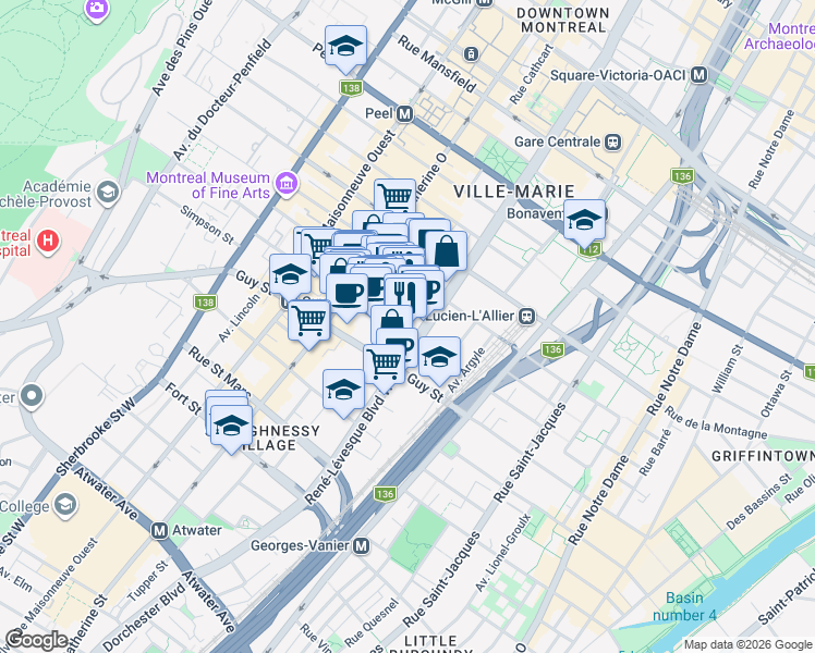 map of restaurants, bars, coffee shops, grocery stores, and more near 1155 Rue Mackay in Montréal