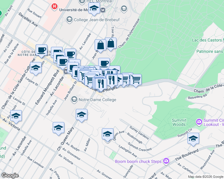 map of restaurants, bars, coffee shops, grocery stores, and more near 4938 Chemin de la Côte-des-Neiges in Montréal