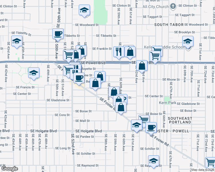 map of restaurants, bars, coffee shops, grocery stores, and more near 5711 Southeast Francis Street in Portland