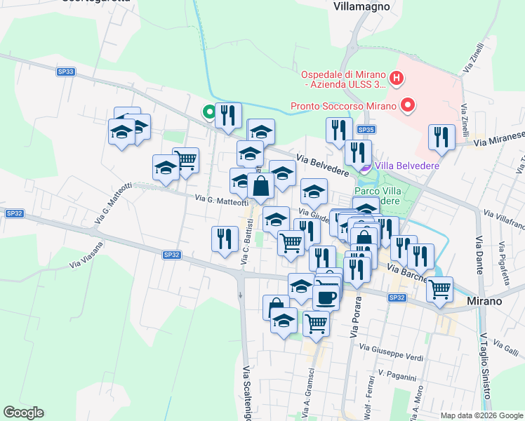 map of restaurants, bars, coffee shops, grocery stores, and more near 93 Via Cesare Battisti in Mirano