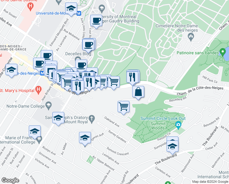 map of restaurants, bars, coffee shops, grocery stores, and more near 4824 Chemin de la Côte-des-Neiges in Montréal