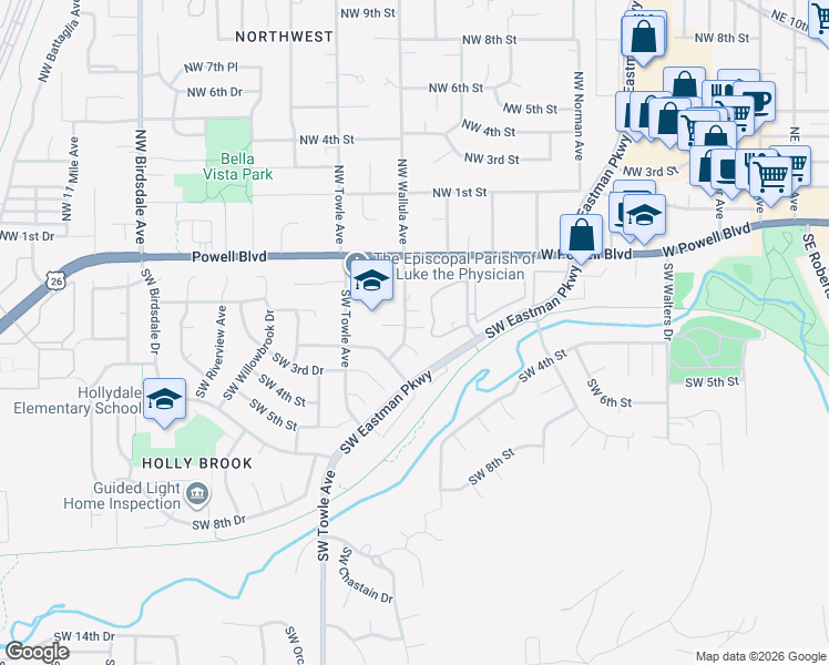 map of restaurants, bars, coffee shops, grocery stores, and more near 269 Southwest Wallula Avenue in Gresham