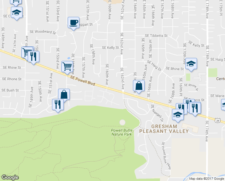 map of restaurants, bars, coffee shops, grocery stores, and more near 16109 Southeast Powell Boulevard in Portland